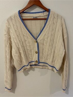 Major Cream Cable V-Neck Cardigan with Blue Trim